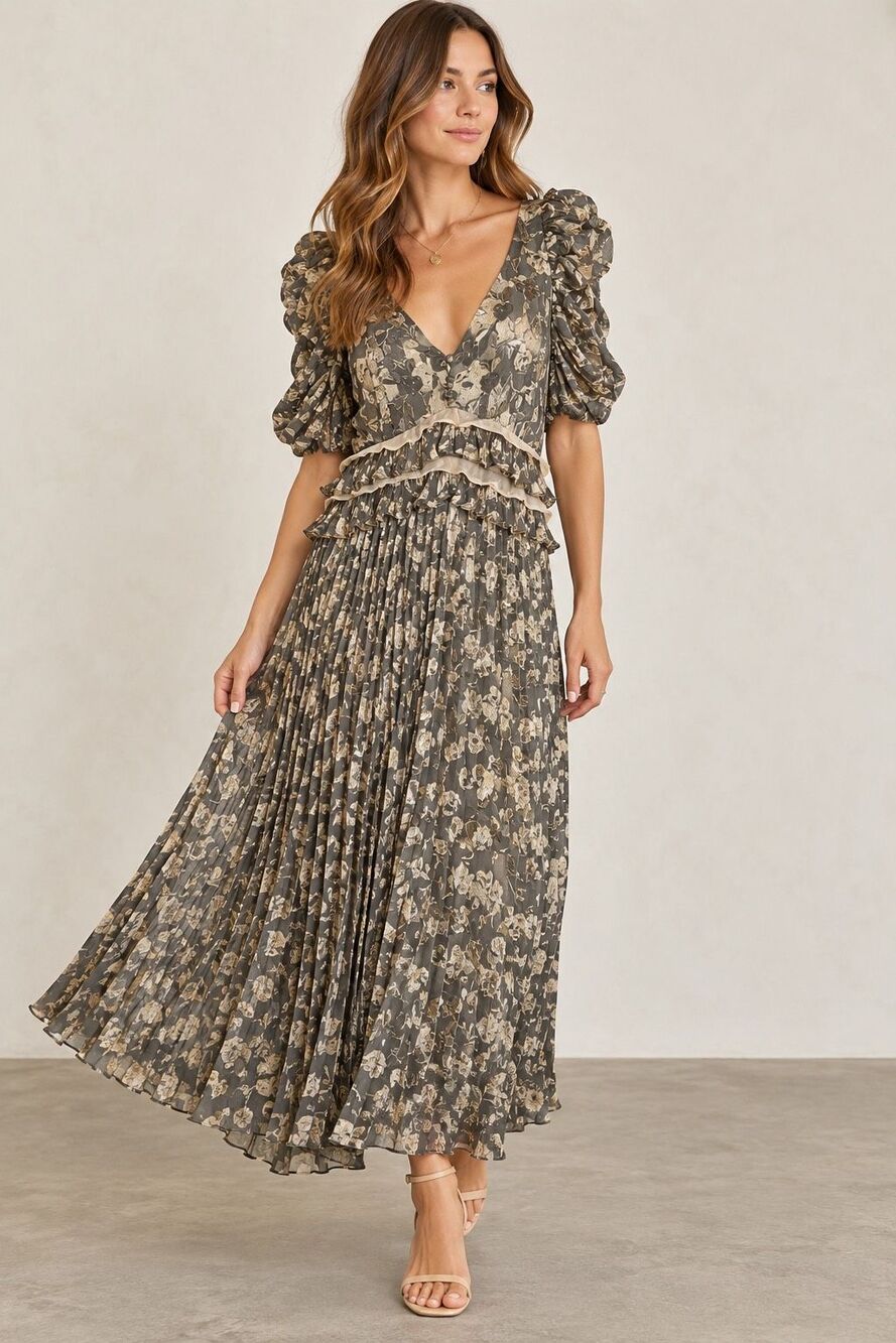 NWT En Saison Daphne Floral Chiffon Pleated Midi Dress Mushroom Brown M